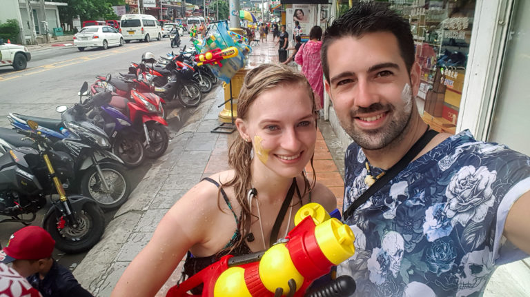 Powder smeared on our faces for good luck during Songkran in Thailand