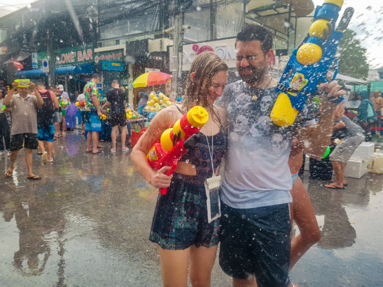 Getting splashed during Songkran waterfight at Bangla Road in Phuket Thailand