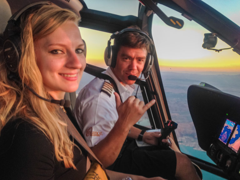 Flying in a helicopter watching the Grand Canyon sunset - Arizona, USA