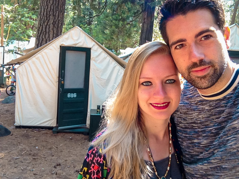 Selfie in front of our tent in Yosemite Park - California, USA