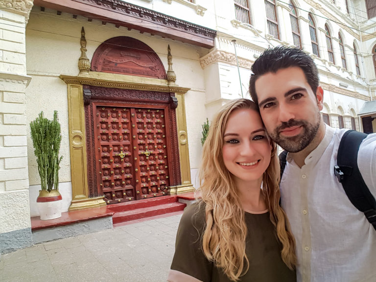 Selfie in front of a typical wooden door in Stone Town - Zanzibar - Africa