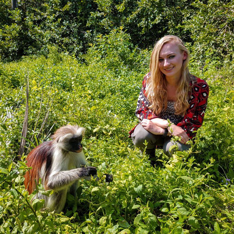 Travel girl with red colobus monkey in Jozani Forest, Zanzibar, Tanzania