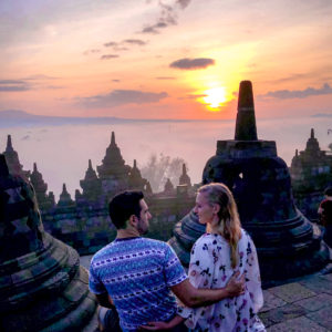 Romantic sunrise at the Borobudur temple in Yogyakarta