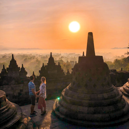 Sunrise at the Borobudur temple in Yogyakarta