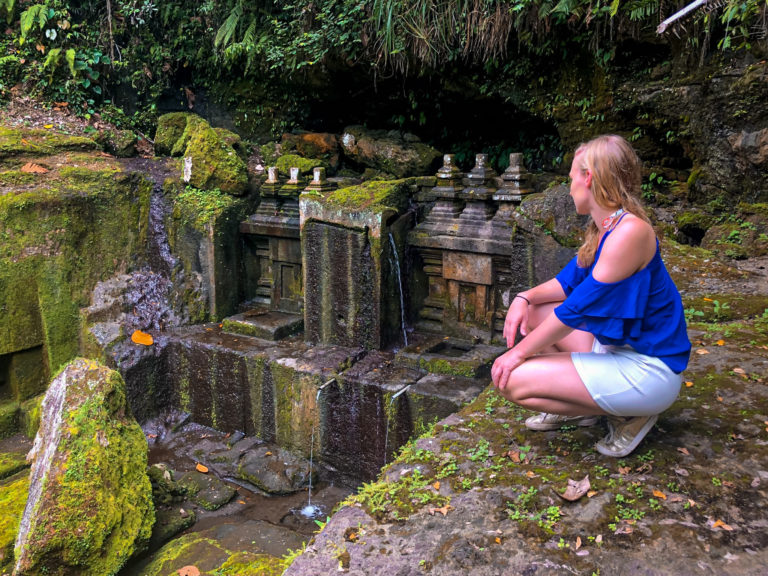 Temple ruins after crossing the bridge at Tebing Tegallingah temple in Bali