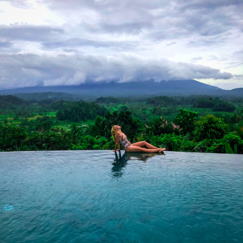 Clouds blocking the volcano views of the private infinity pool at Villa Sidemen Bali