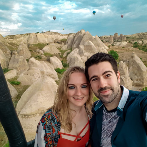 Watching the fairy chimneys of Love Valley from our hot air balloon in Cappadocia