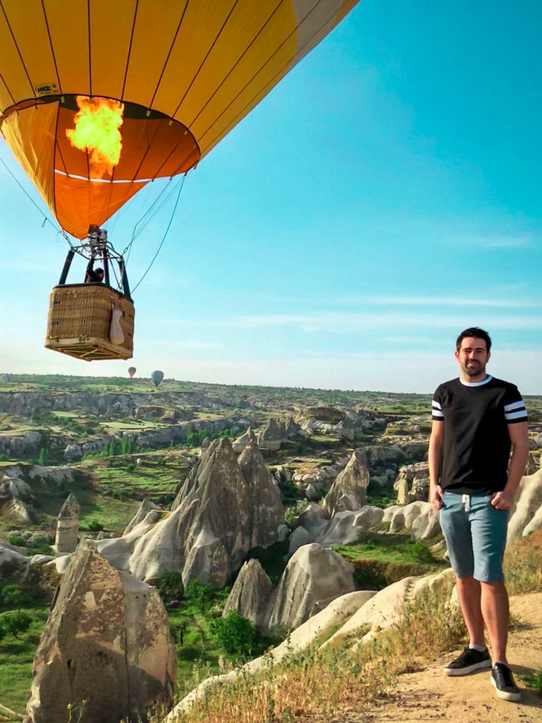 Watching the hot air balloon from Goreme viewpoint in Cappadocia