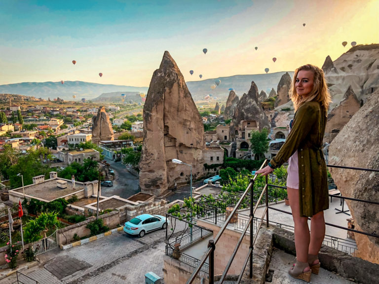 Magical hot air balloon sunrise in Cappadocia. Viewed from a balcony at the Village Cave House Hotel.