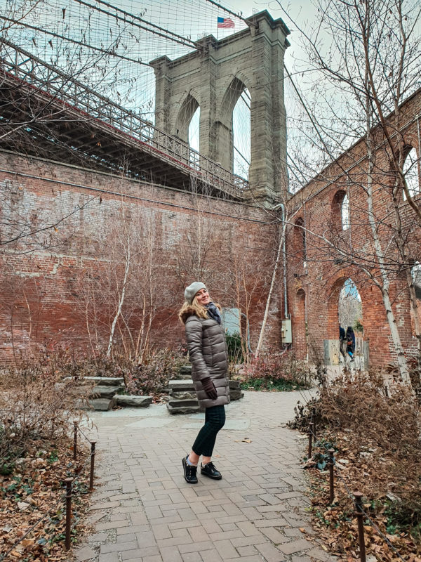 Brooklyn Bridge captioned from a park in Brooklyn