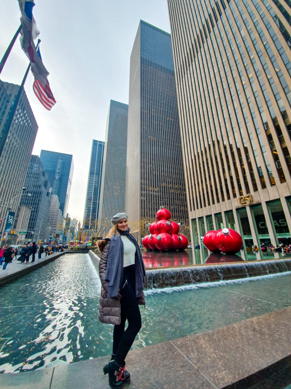 Giant ornaments close to the Rockefeller Center in New York City