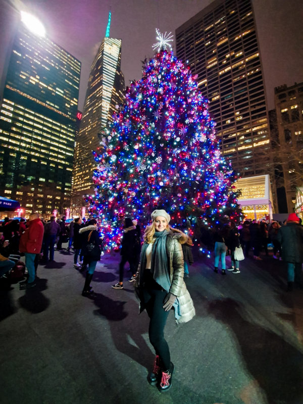 Giant Christmas tree in Bryant Park, next to New York's public library.