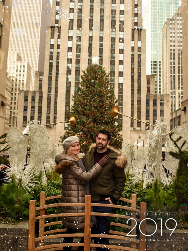 Giant Christmas tree with Christmas angels at the Rockefeller Center in New York City