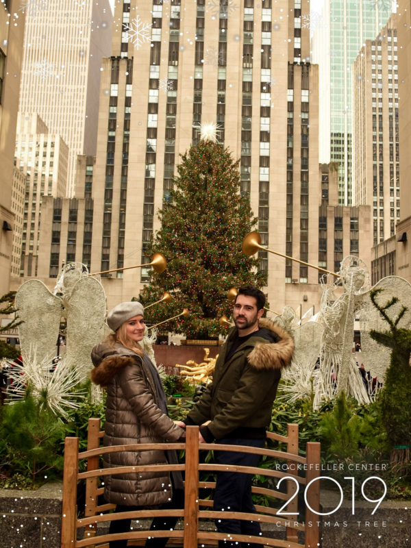 Giant Christmas tree with Christmas angels at the Rockefeller Center in New York City