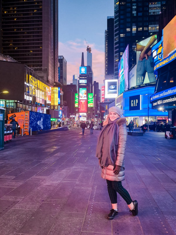 Times Square in New York City just before sunrise