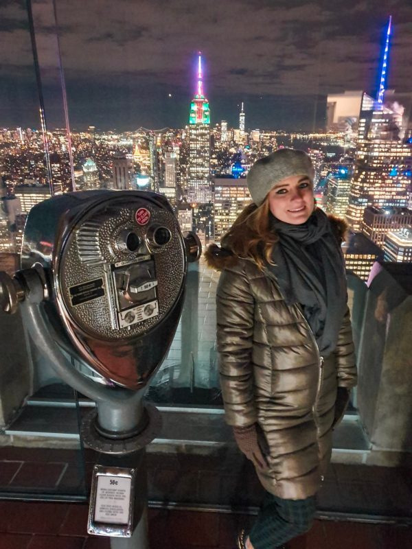 New York City skyline views at night, from the lower observation deck at Top of the Rock