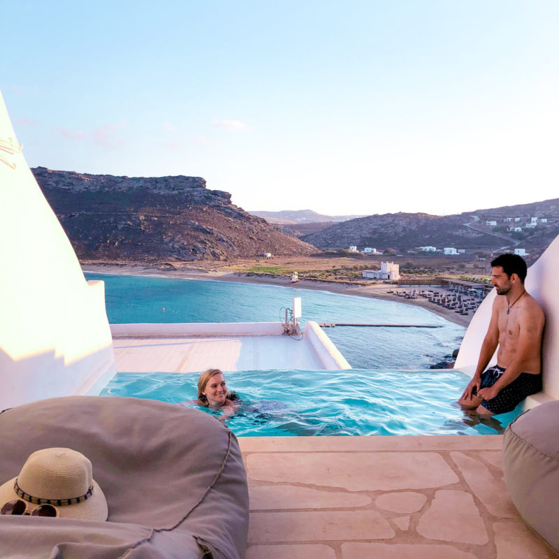 Enjoying the superior double room with private infinity pool and sea views on our balcony in Panormos Village (Mykonos - Greece)