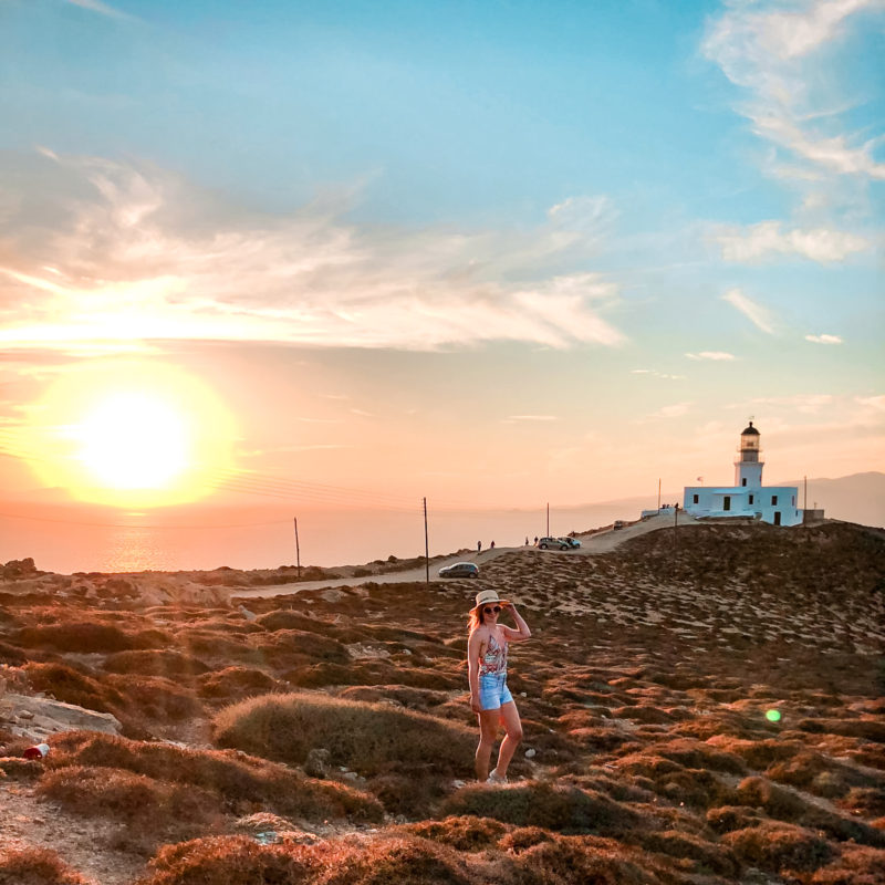 Watching the sunset at Armenistis Lighthouse in Mykonos Greece