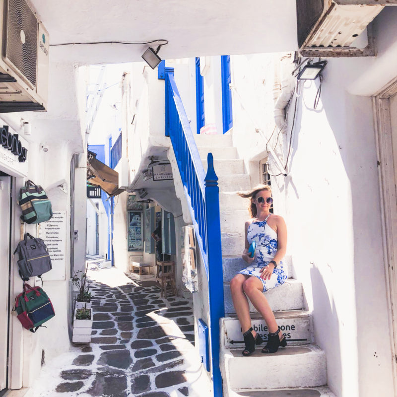 Pretty blue stairs in a narrow street in Mykonos Town