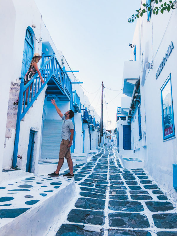 Blue and white street with stairs in Mykonos Town, near Calzedonia shop
