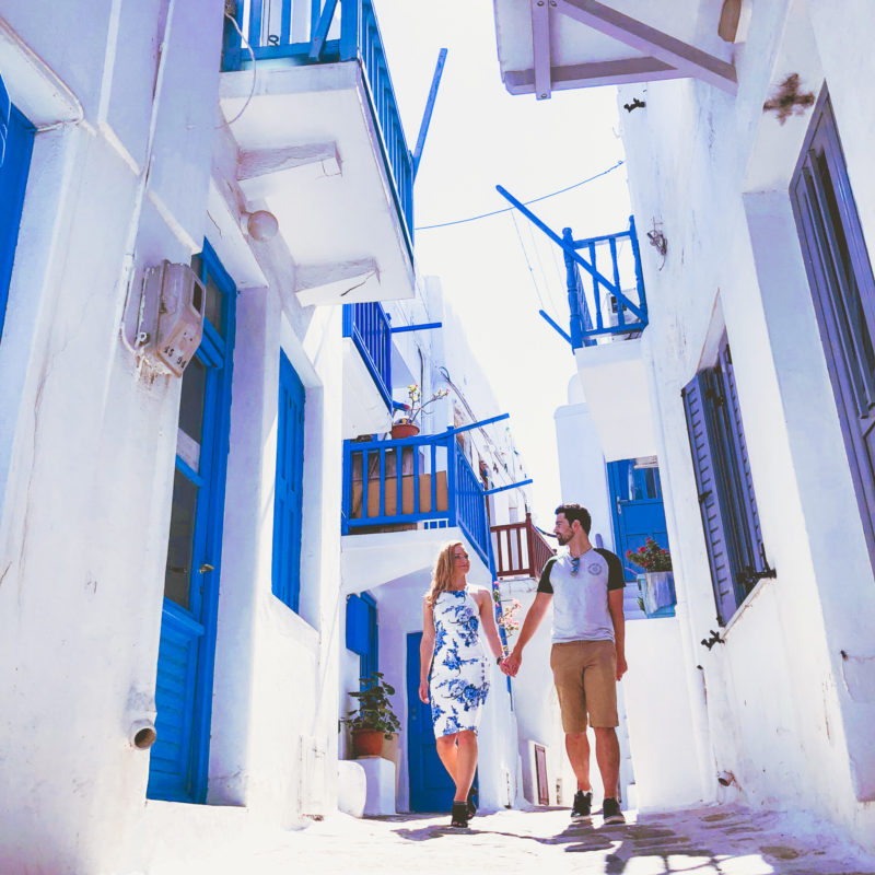 Narrow blue and white street in Mykonos Town