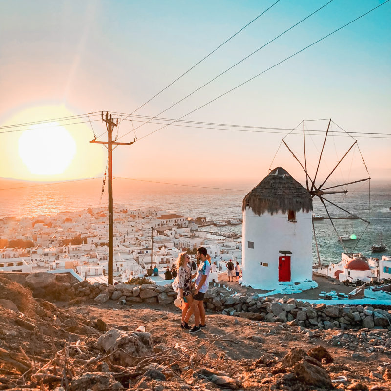 Watching the sunset at Boni's Windmill in Mykonos Town - Greece