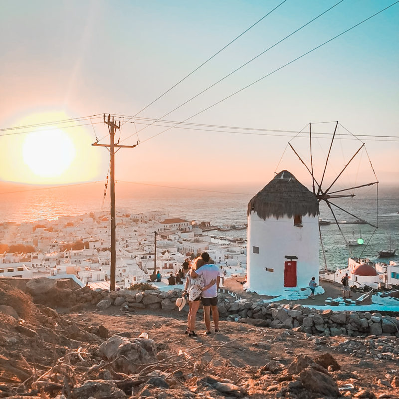 Watching the sunset at Boni's Windmill in Mykonos Town - Greece