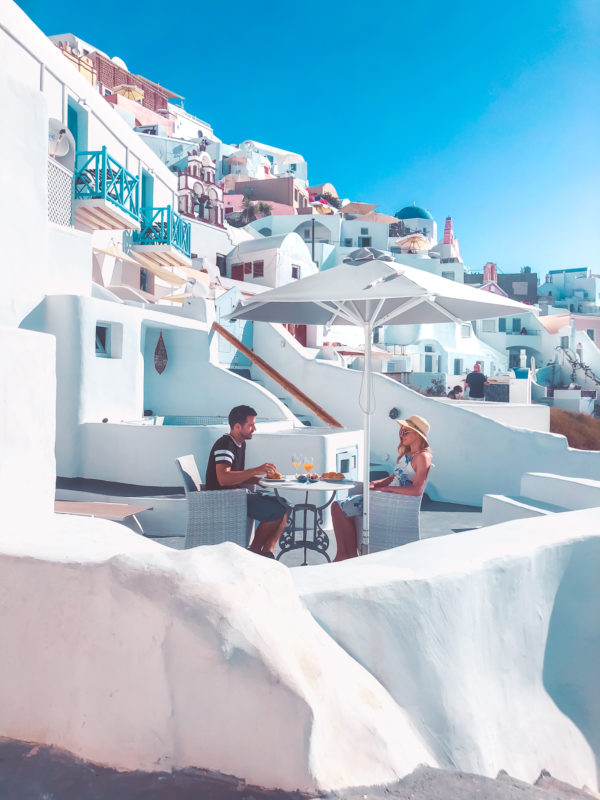 Breakfast on our private terrace at the Honeymoon Suite (Prime Suites) in Oia, Santorini, Greece