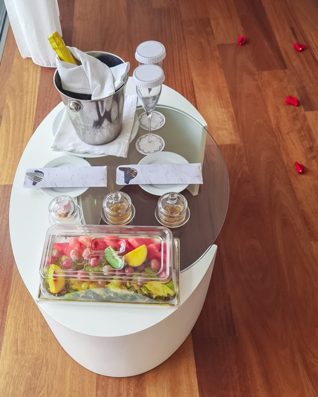 Complimentary fruit platter and bottle of champagne at Honeymoon Suite at Lesante Blu in Zakynthos, Greece