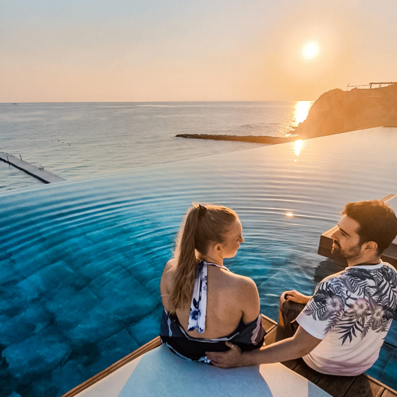 Romantic sunrise at the communal infinity pool at Lesante Blu resort in Zakynthos, Greece