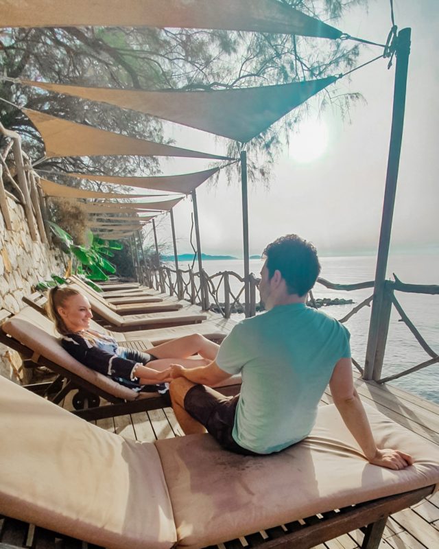 Sun loungers and views from Beach Bar Tropics at hotel Gloria Maris in Zakynthos, Greece