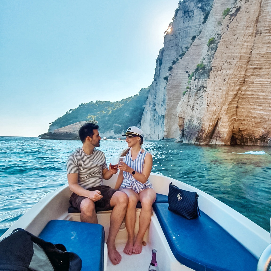 Couple in private boat rental in Zakynthos, Greece