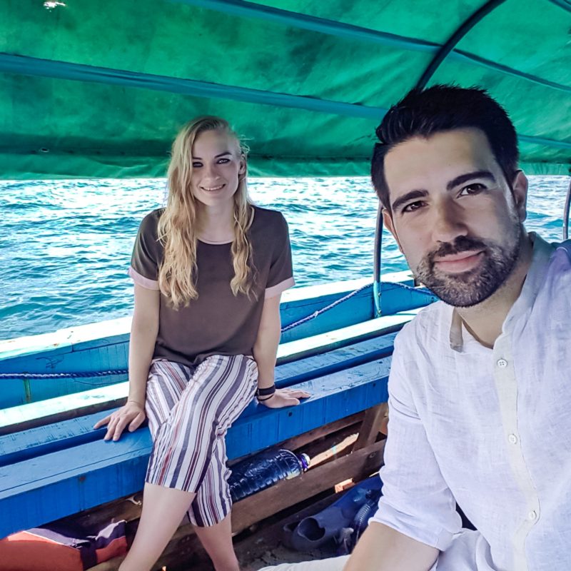 Travel Couple in the boat to Prison Island in Zanzibar, Tanzania