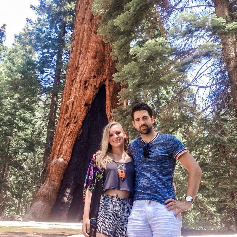 Couple in front of Grizzly Giant tree in Yosemite Park, USA