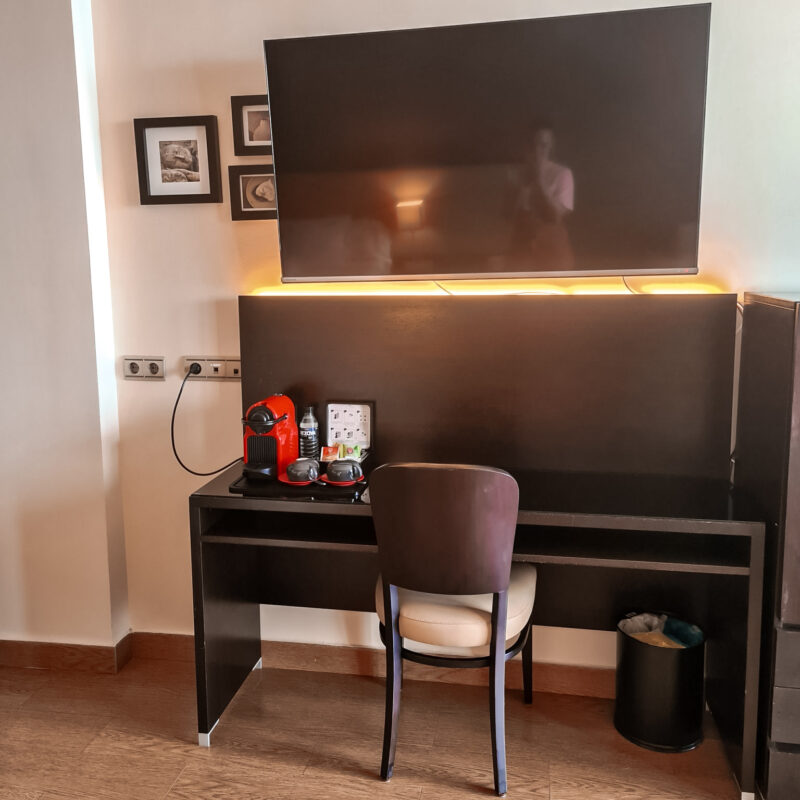 TV and desk in Double Room, Sea View at hotel Sol Y Mar in Calpe, Costa Blanca, Spain