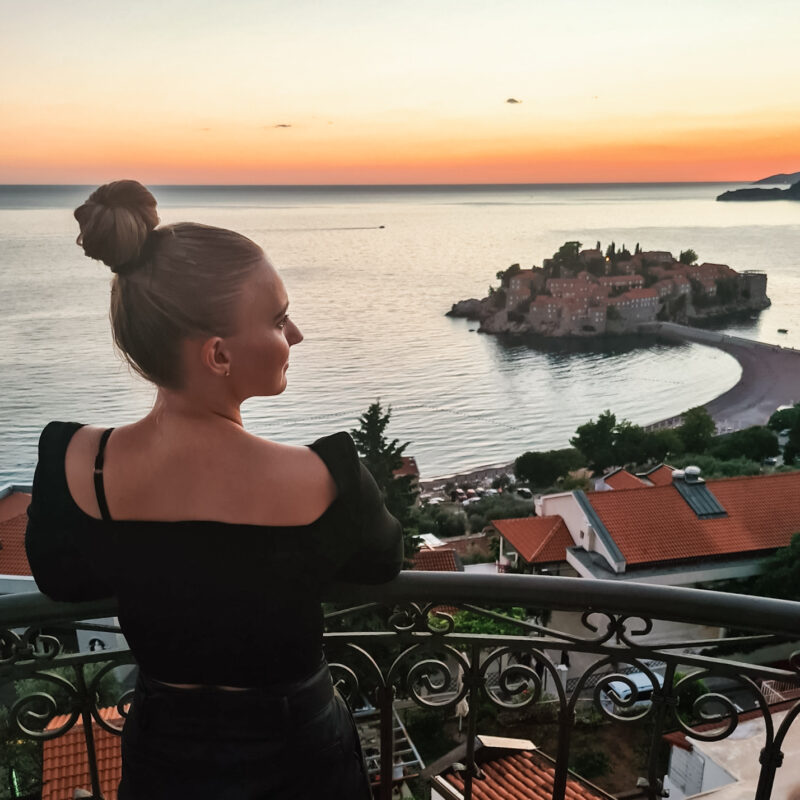 Sveti Stefan views from our private balcony at Villa Edelweiss, Montenegro