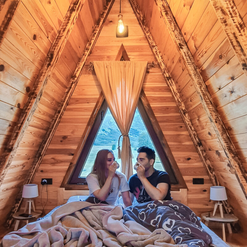 Couple staying in wooden cabin at Etno selo Smrcevo brdo in Montenegro