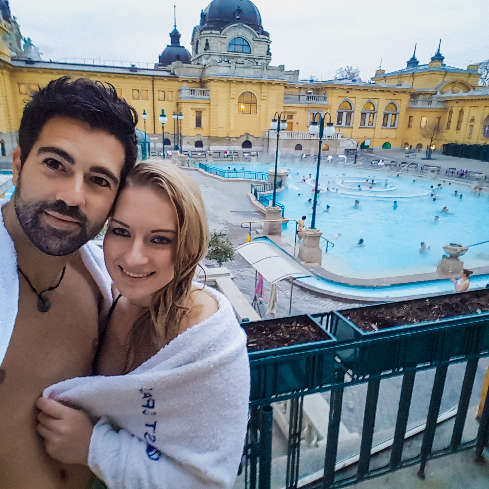 Couple enjoying the Széchenyi Thermal Bath spa in Budapest