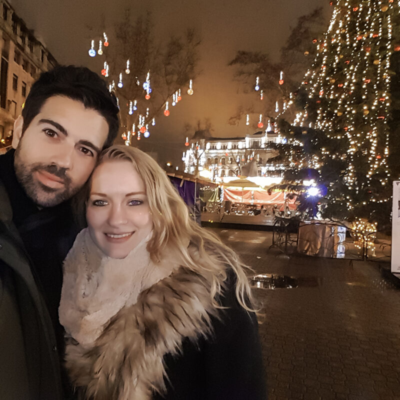 Couple posing at Christmas Market in Budapest, Hungary