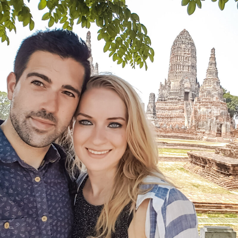 Travel Couple at Ayutthaya on a day trip from Bangkok, Thailand