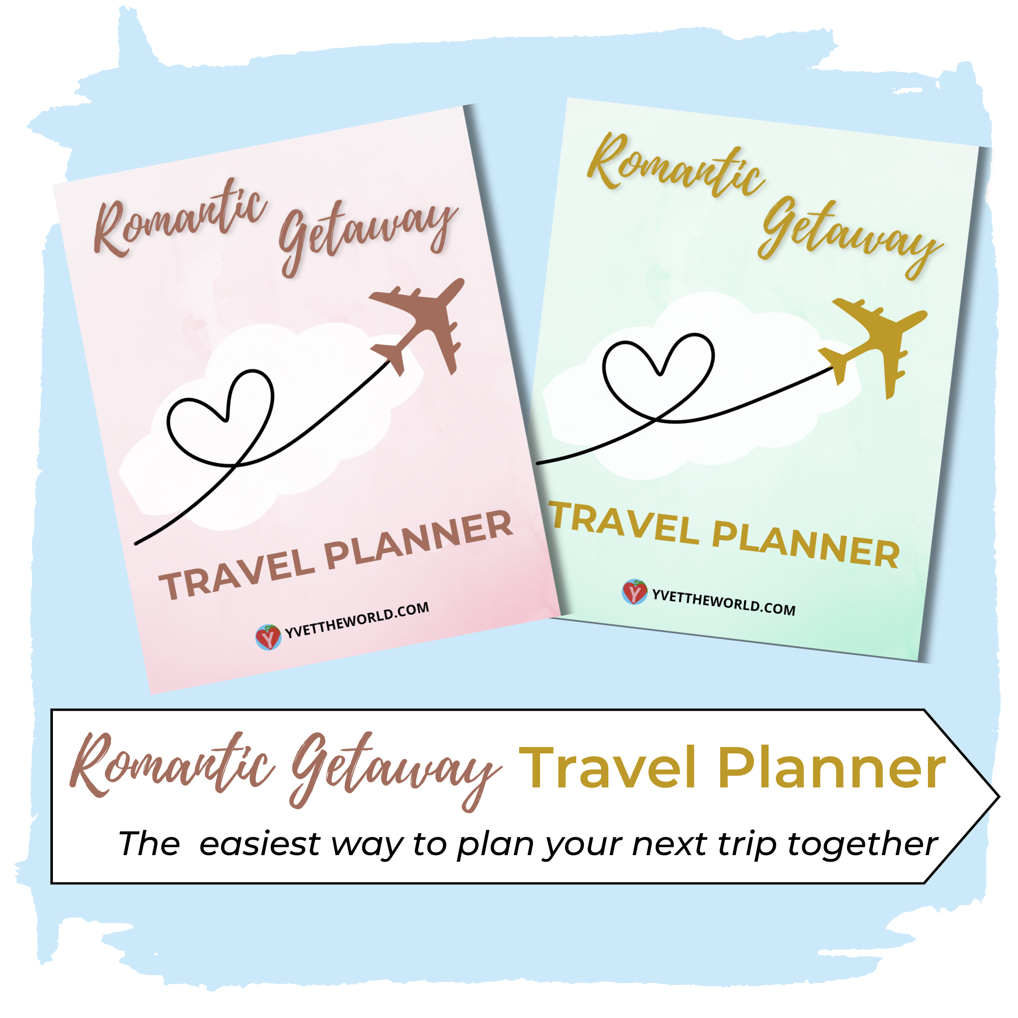 The cover of Romantic Getaway Travel Planner for Couples - available in blush pink and mint green