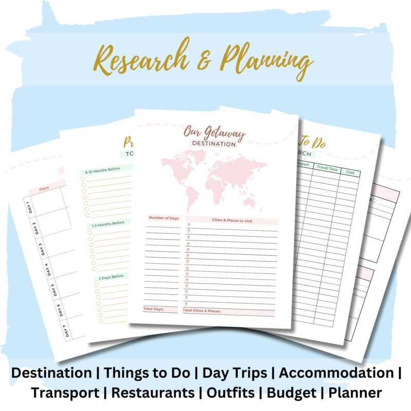 Romantic Getaway Travel Planner for Couples' Research and Planning section- including destination, things to do, day trips, accommodation, transport, restaurants, outfits, budget