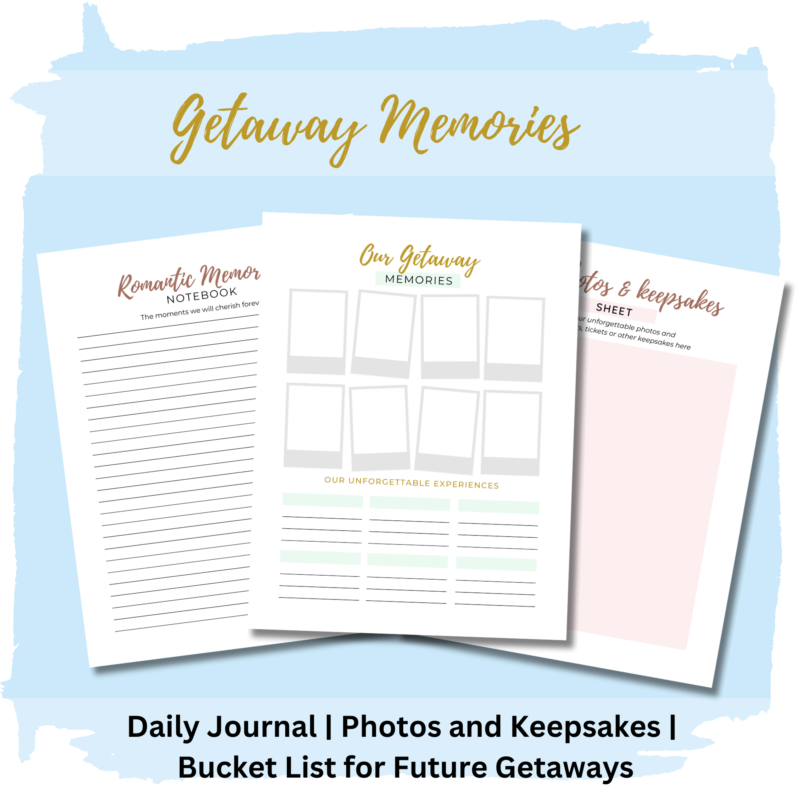 Romantic Getaway Travel Planner for Couples' Memories section- including daily journal, photos and keepsakes, bucket list for future getaways