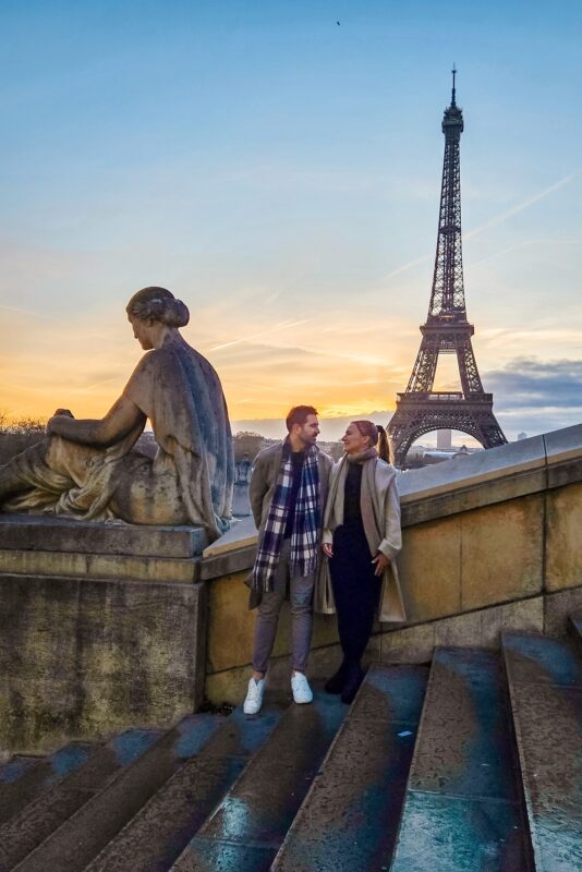 Romantic Photo Spots with Eiffel Tower in Paris - Travel Couple posing with Eiffel Tower at Trocadero Stairs