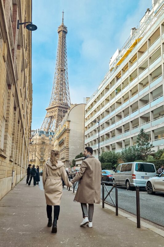 Romantic Photo Spots with Eiffel Tower in Paris - Travel Couple posing with Eiffel Tower at Rue de General Camou