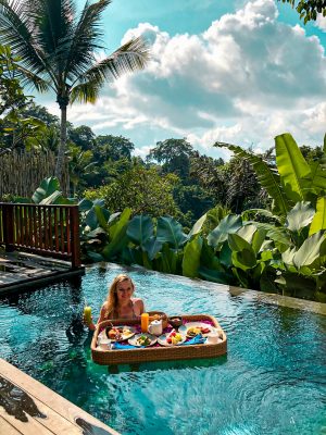 Floating breakfast in our private infinity pool with jungle views at Natya Resort Ubud Bali