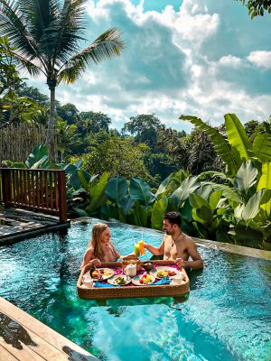 Floating breakfast in our private infinity pool with jungle views at Natya Resort Ubud Bali