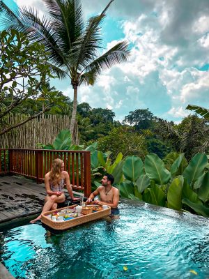 Floating breakfast in our private infinity pool with jungle views in Natya Resort Ubud Bali