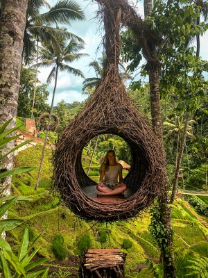 Instagrammable hanging bird nest at the Terrace River Pool Swing in Ubud Bali